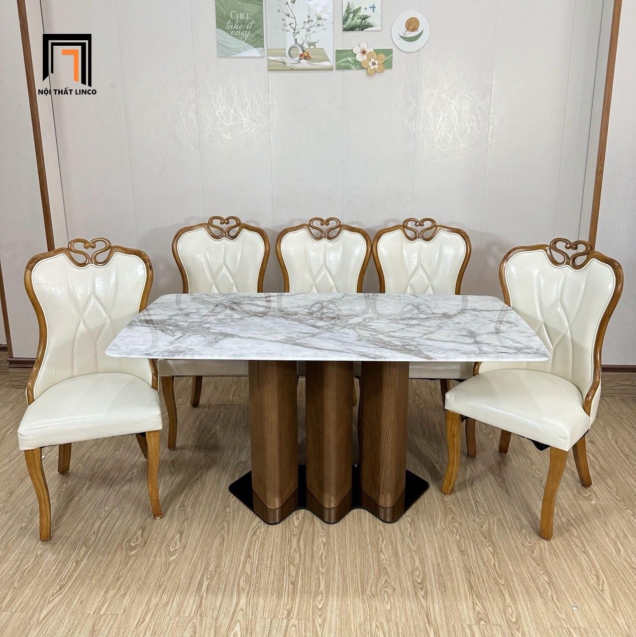 Bàn ăn 6 ghế da Pu đẹp GF30-BAD6-G322-B360 mặt đá ceramic
