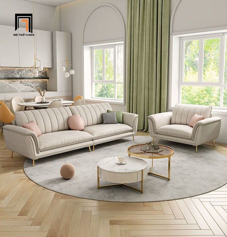 Bộ ghế sofa phòng khách da giả KT28 Sorgio màu trắng kem