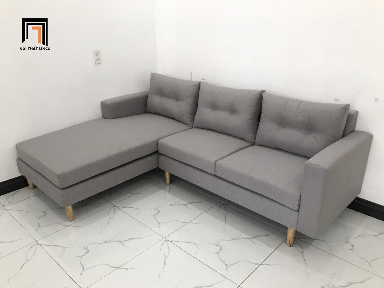 Bộ ghế sofa góc 2m2 x 1m6 màu xám trắng vải bố