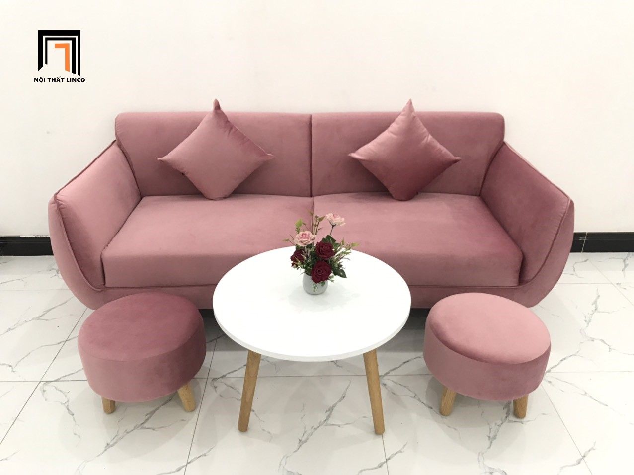 Ghế sofa băng BB dài 1m9 màu hồng phấn vải nhung giá rẻ