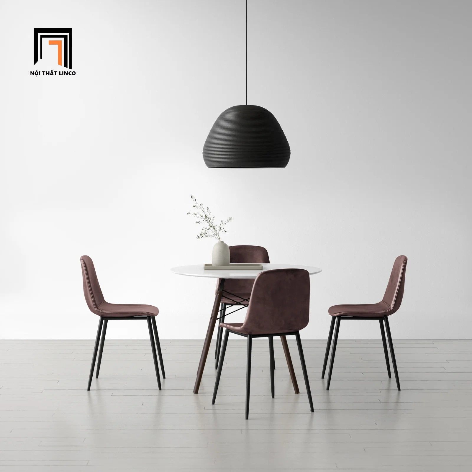 Bộ bàn ăn tròn nhỏ gọn 5-OC4-GCF9-B2 4 ghế nệm da giả Pu