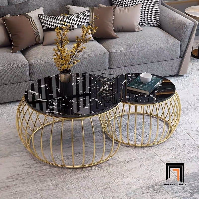 Cặp bàn sofa mặt đá tròn BSF81 Lunn khung sắt lồng chim đẹp
