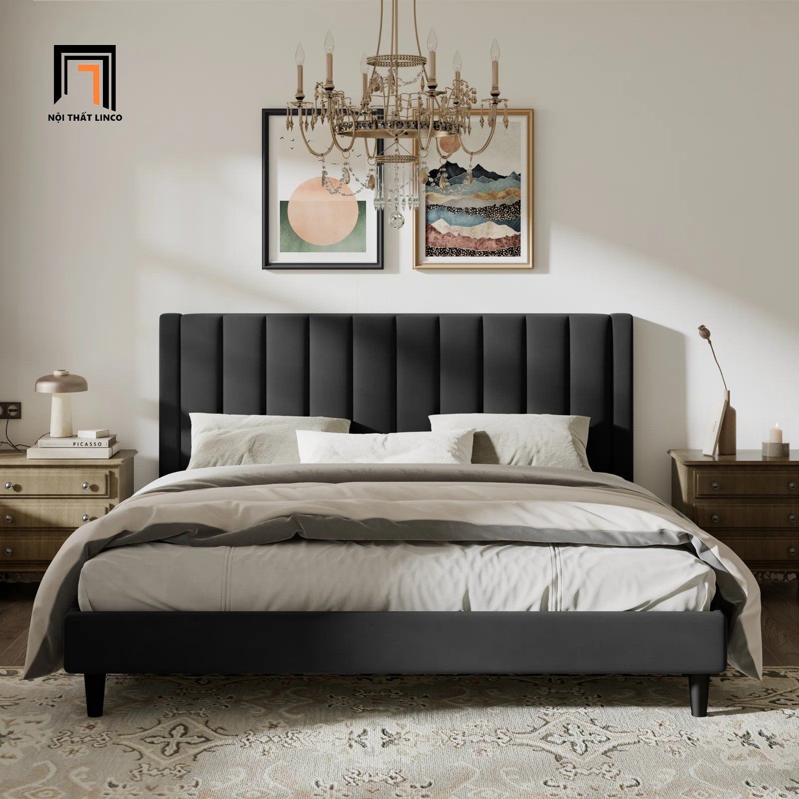 Giường ngủ vải nỉ nhung đẹp GN21 Will đầu giường chia múi