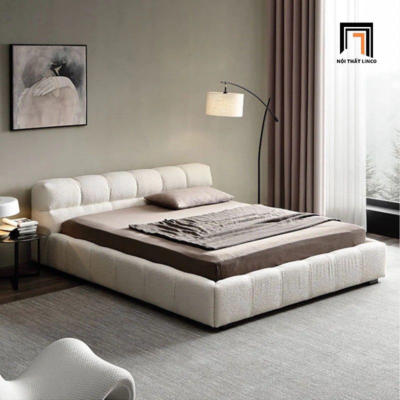 Giường ngủ xinh xắn vải lông cừu GN77 Keiko 1m6 trắng kem