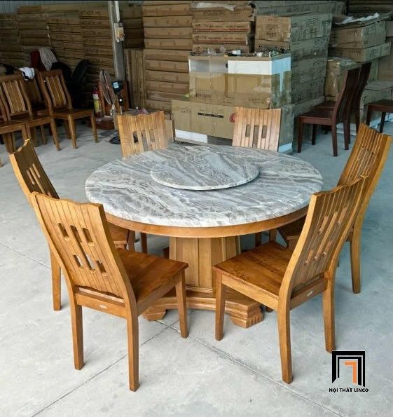 Combo bàn ăn tròn 6 ghế cao cấp GF2-BAD6-G302-B351 mặt đá