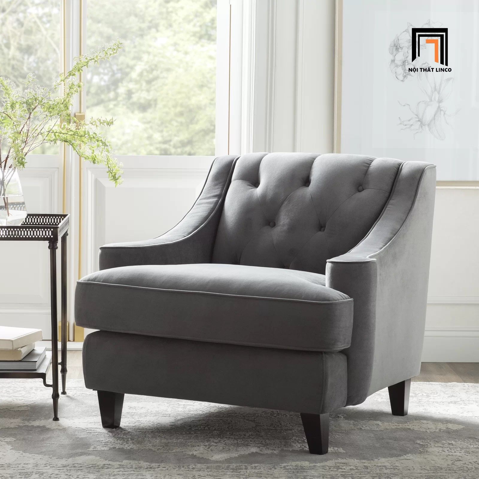 Ghế sofa đơn tân cổ điển DT43 Dolce vải nhung màu xám