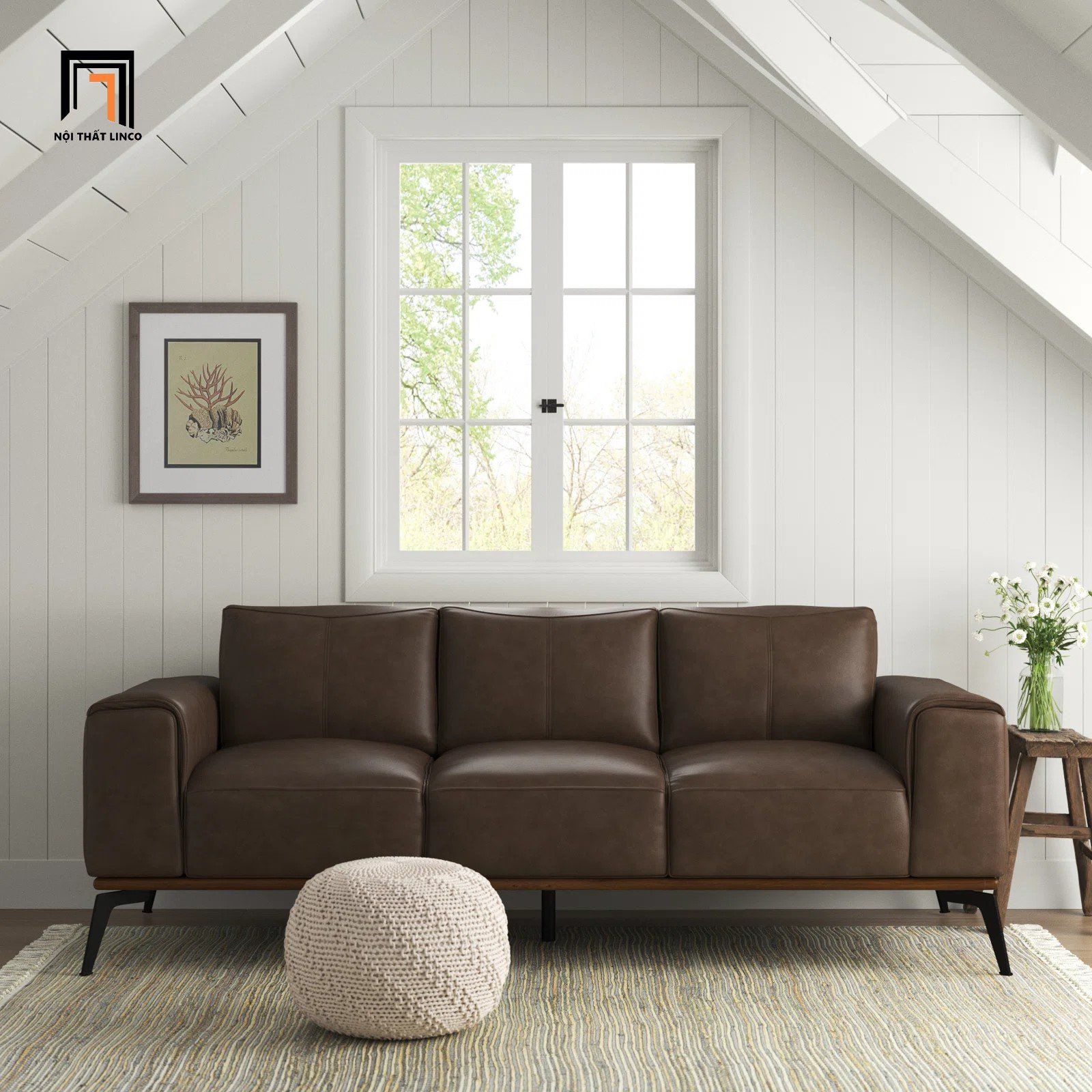 Ghế sofa băng sang trọng 2m1 BT177 Conley bọc da giả nâu đậm