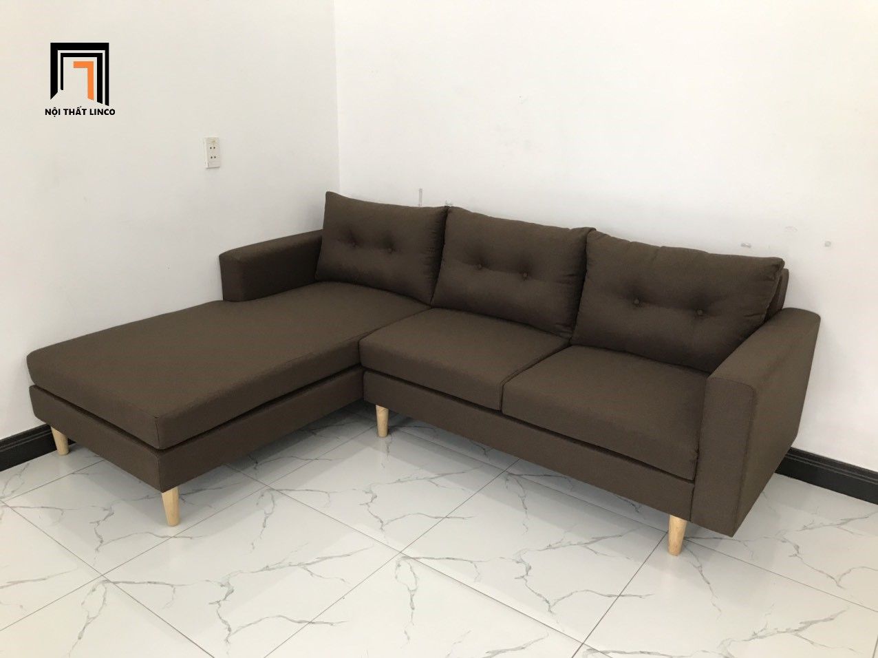 Bộ bàn ghế sofa góc 2m2 x 1m6 phòng khách gia đình nâu đậm
