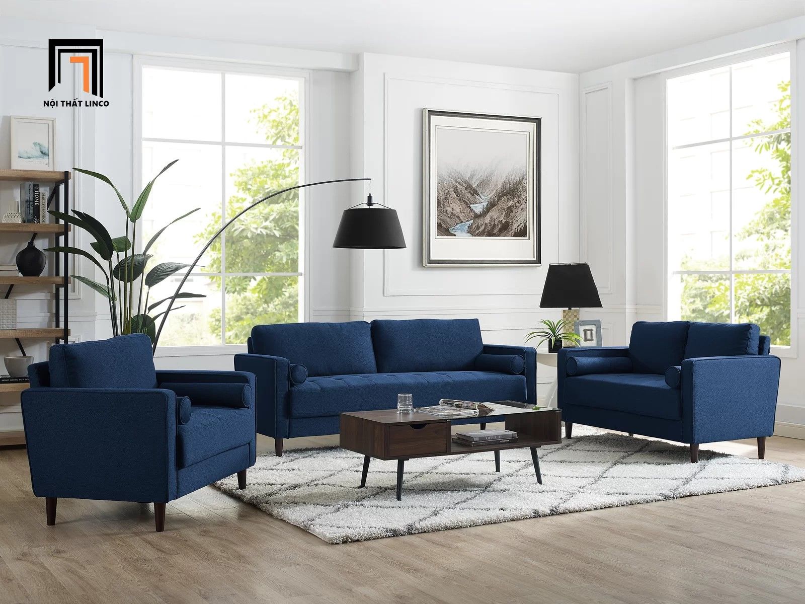 Bộ ghế sofa phòng khách hiện đại KT11 Garren màu xanh đậm