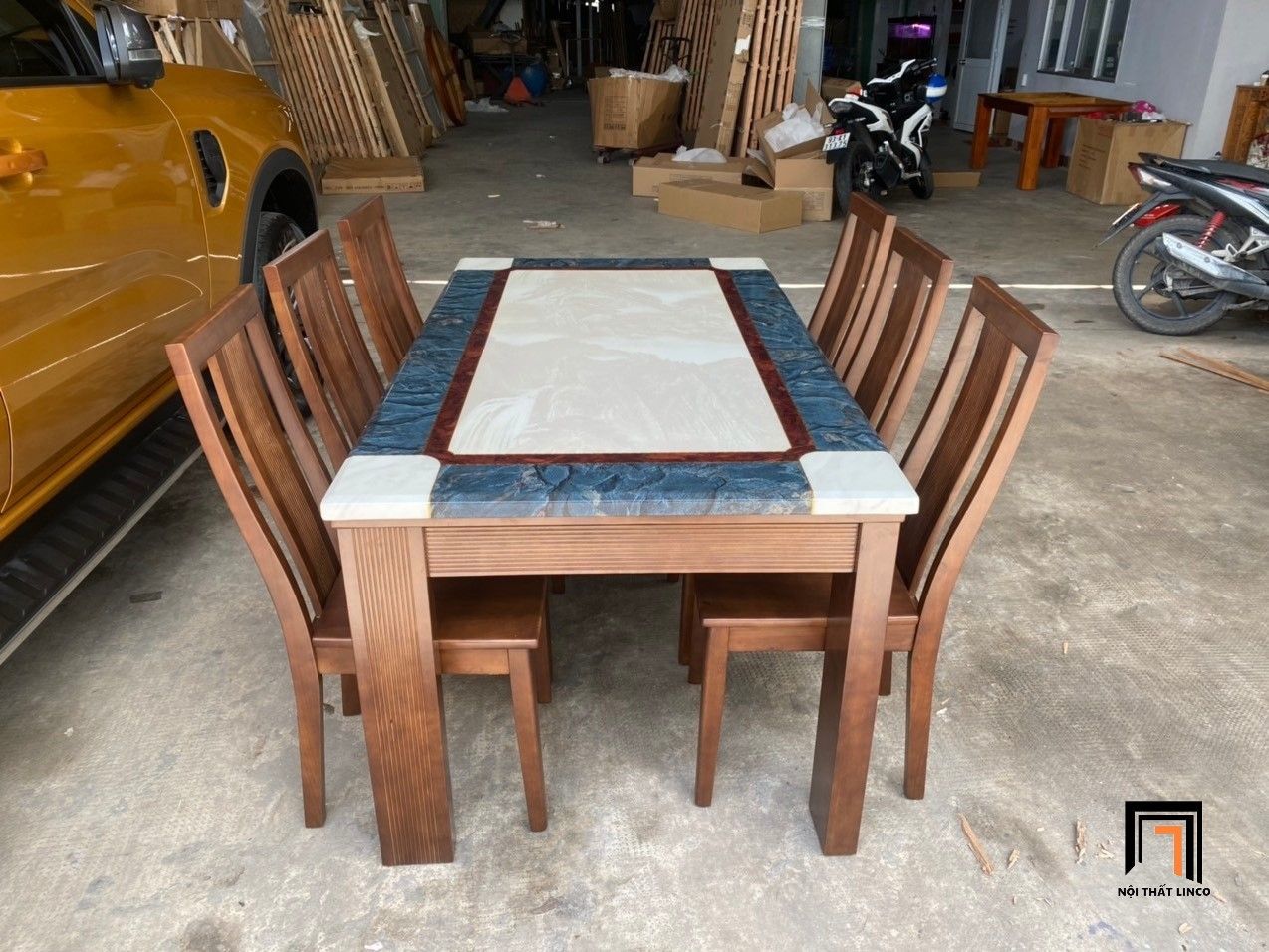 Bộ bàn ăn 6 chỗ ngồi mặt đá GF6-BAD6-G309-B353 1m6 cao cấp