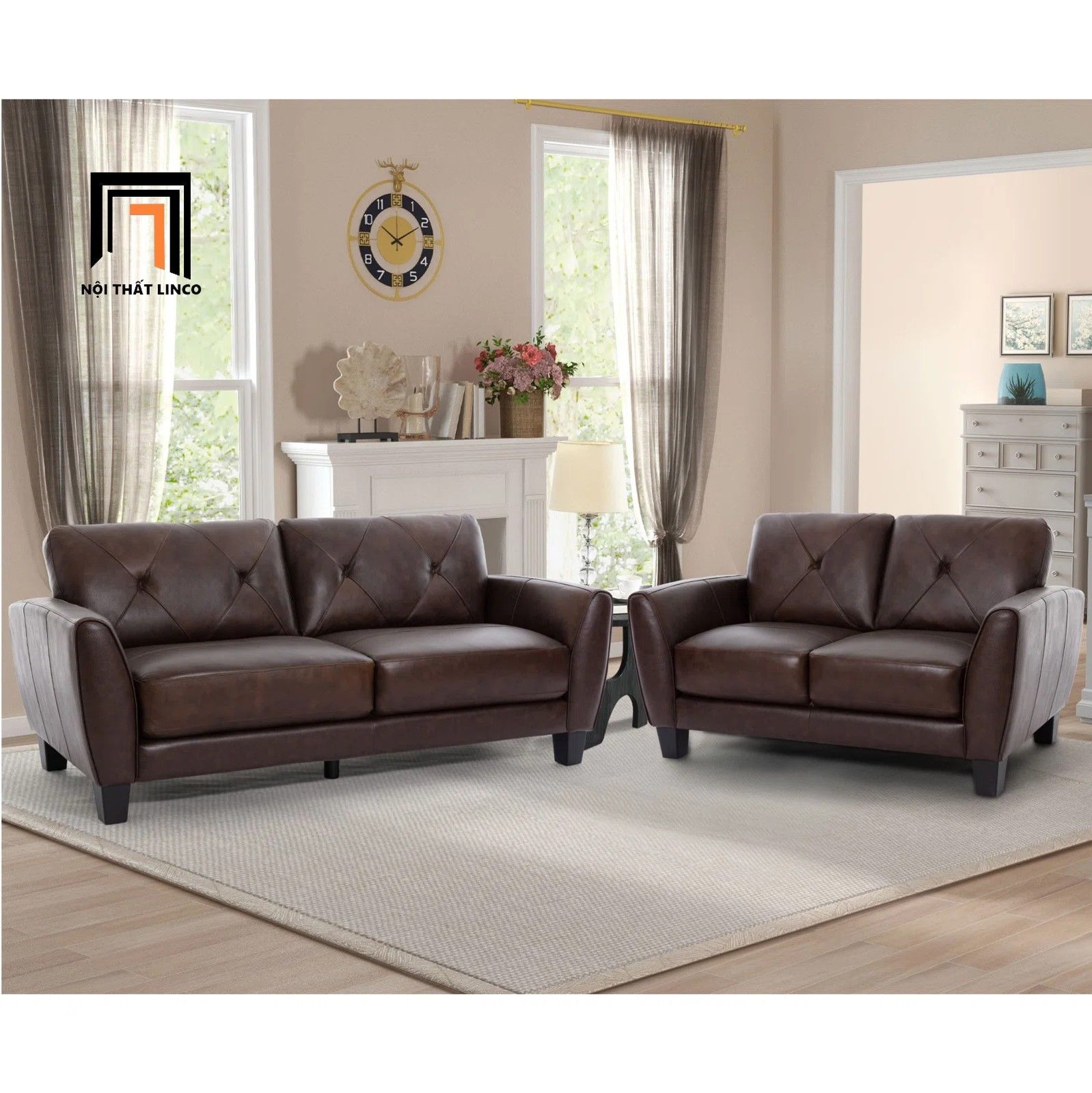 Set ghế sofa màu nâu cho gia đình KT142 Nayelys bọc da Pu đẹp