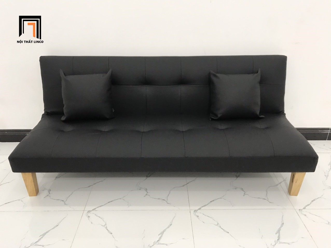 Bộ ghế sofa giường nhỏ gọn simili giả da đen dài 1m72