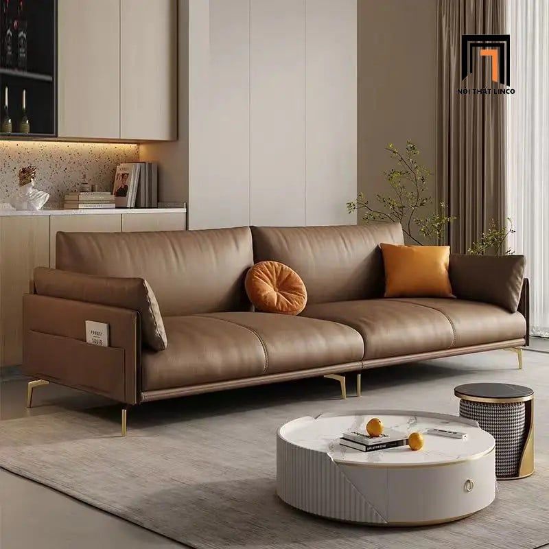 Bộ ghế sofa hiện đại KT65 Skinny da Pu màu nâu chân inox