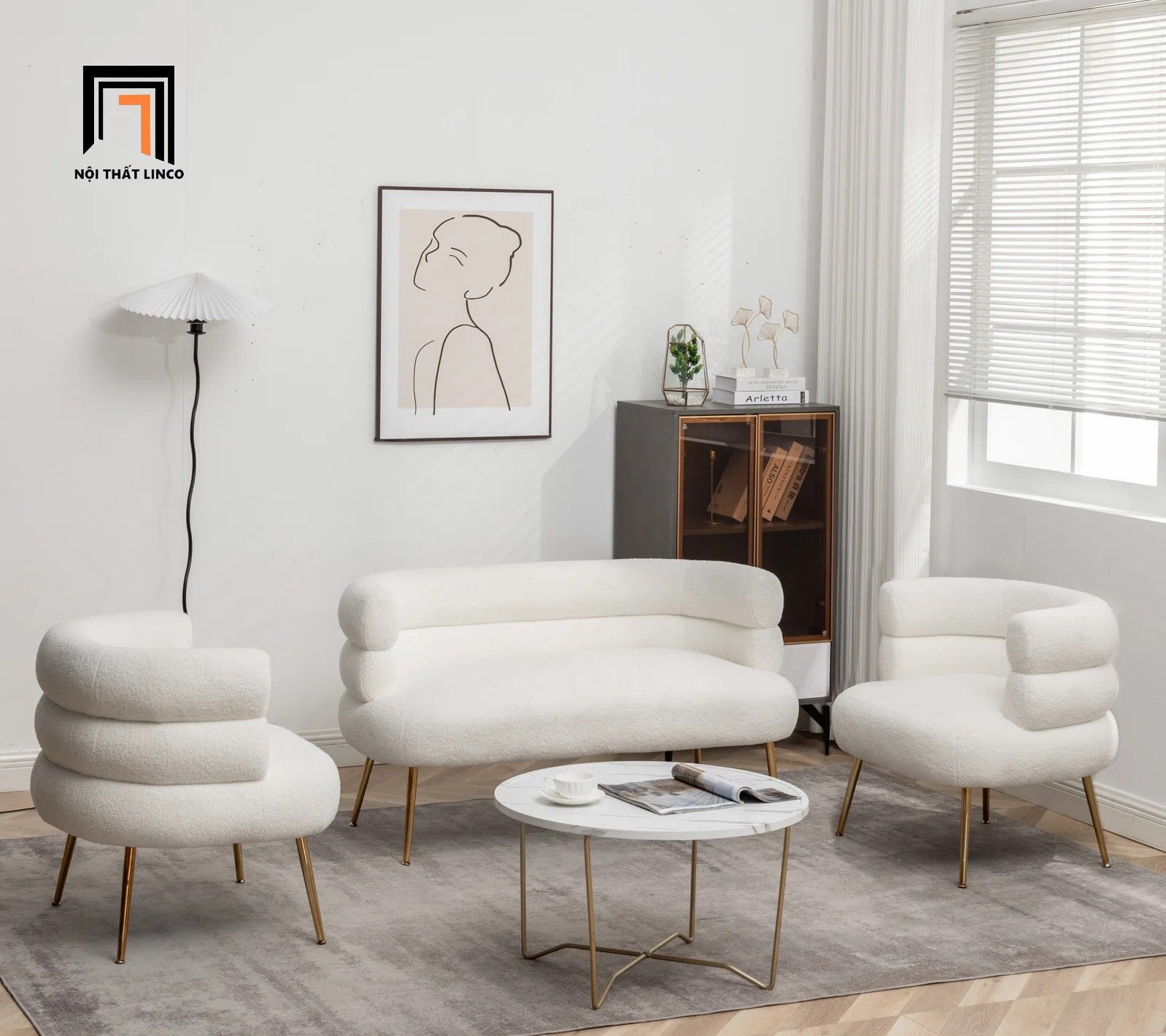 Bộ ghế sofa xinh cho tiệm shop KT144 Demetrius vải lông cừu
