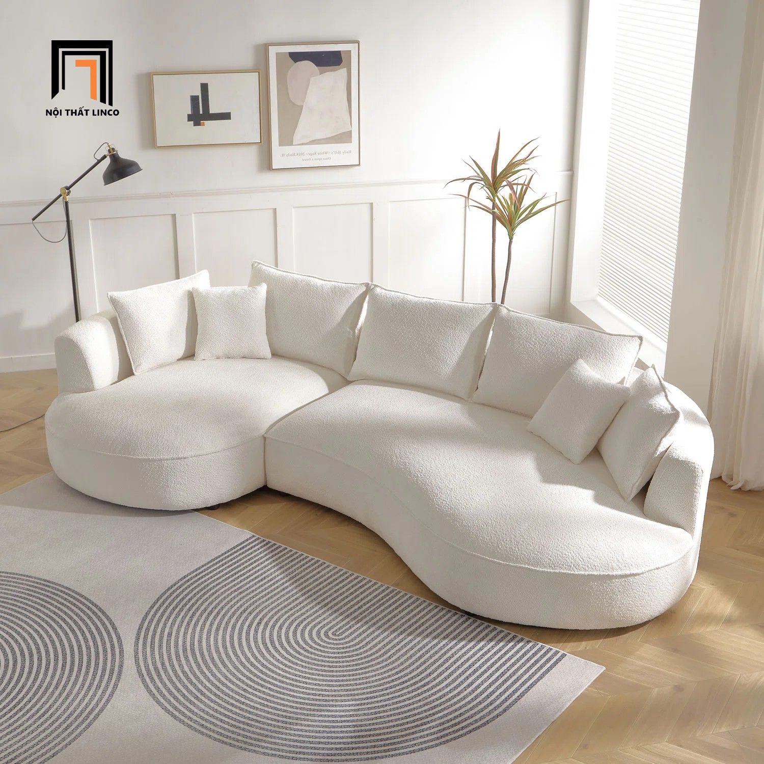 Bộ ghế sofa góc cong GT100 Hokku 3m1 x 1m6 vải lông cừu