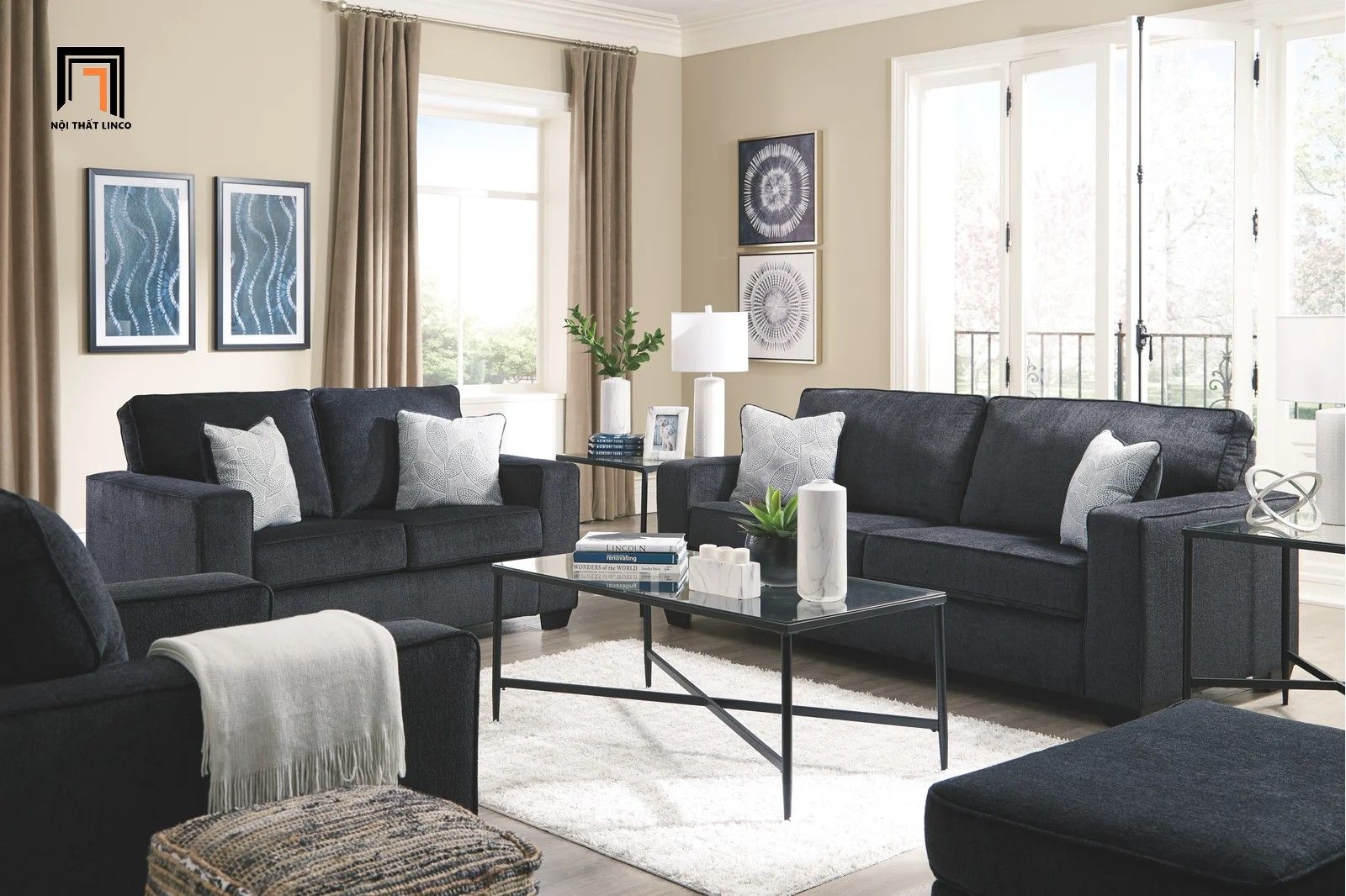 Bộ ghế sofa gia đình KT3 Rima vải nỉ màu xám đen