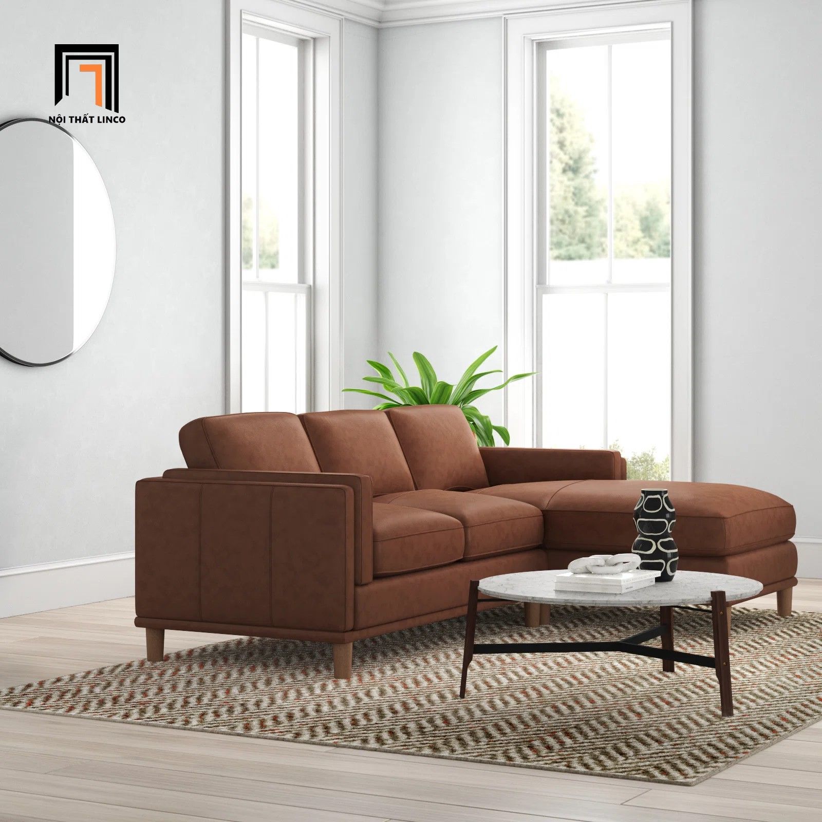 Bộ ghế sofa góc L GT216 Kassy 2m4 x 1m6 da giả màu nâu