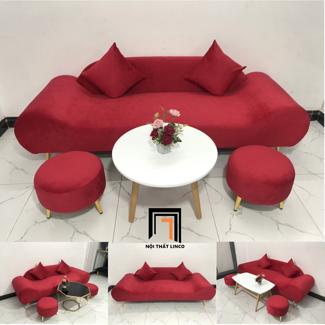 Bộ bàn ghế sofa băng thuyền SFT dài 2m đỏ đô vải nhung
