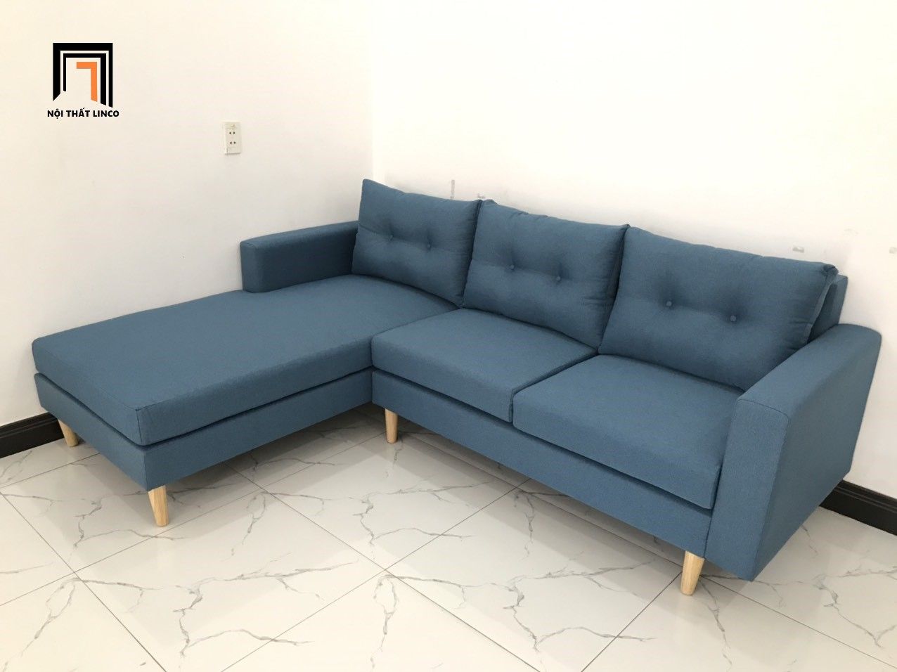 Bộ bàn ghế sofa góc 2m2 x 1m6 màu xanh dương nhỏ gọn