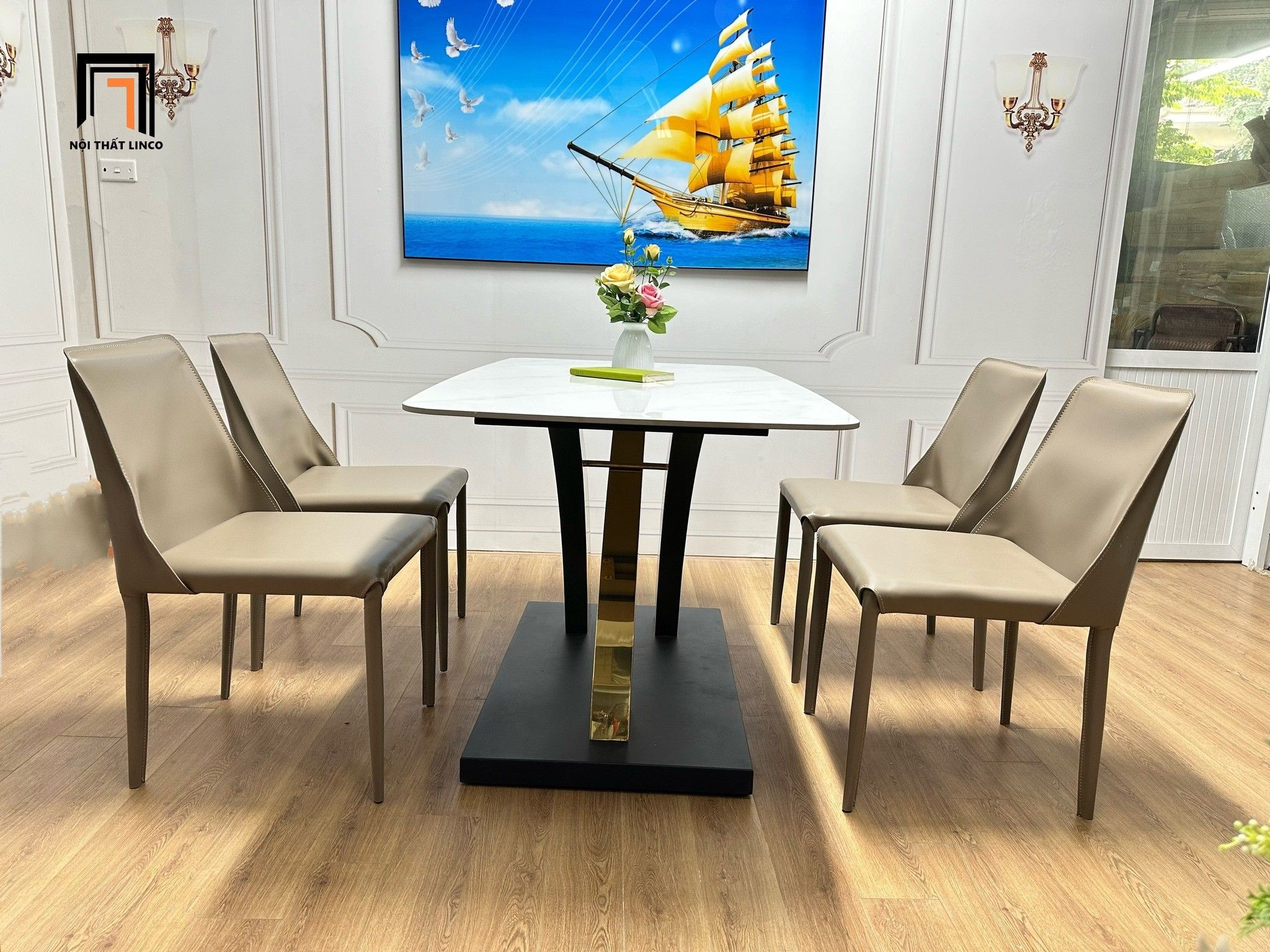 Set bàn ăn hiện đại 4 ghế ngồi da giả 26-BAD4-G29OC-B7B đẹp