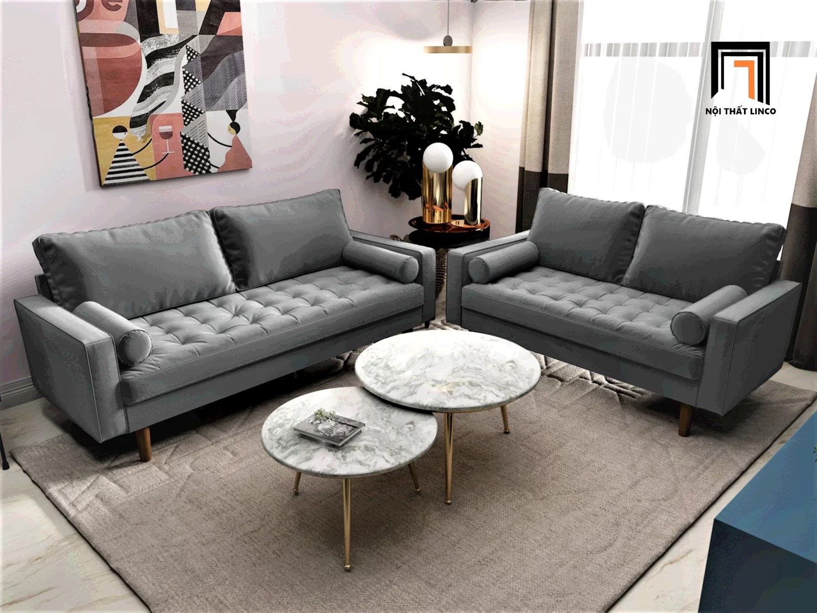 Bộ ghế sofa phòng khách gia đình KT1 Clovis vải nhung giá rẻ