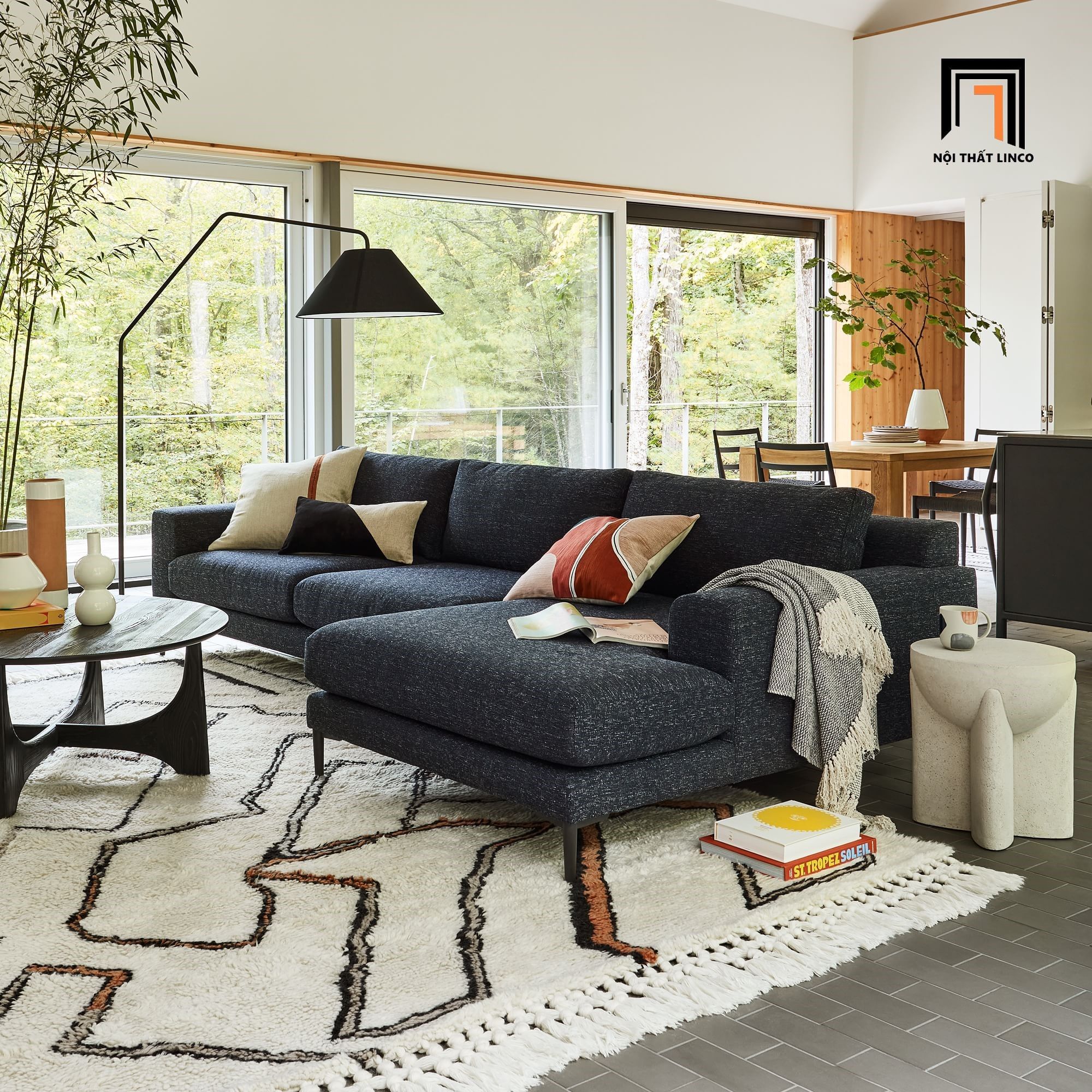 Bộ ghế sofa góc giá rẻ 2m4 x 1m6 GT134 Harper vải nỉ xanh than