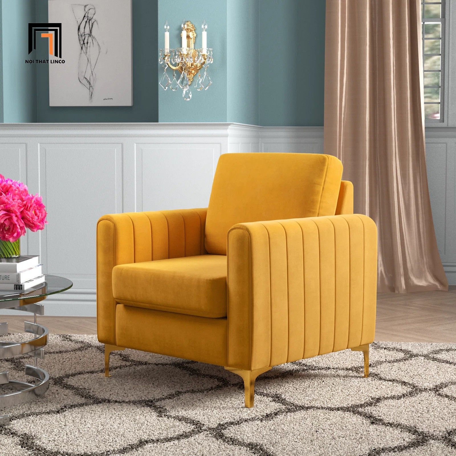 Ghế sofa đơn màu vàng chanh DT103 Cedar trang trí shop tiệm