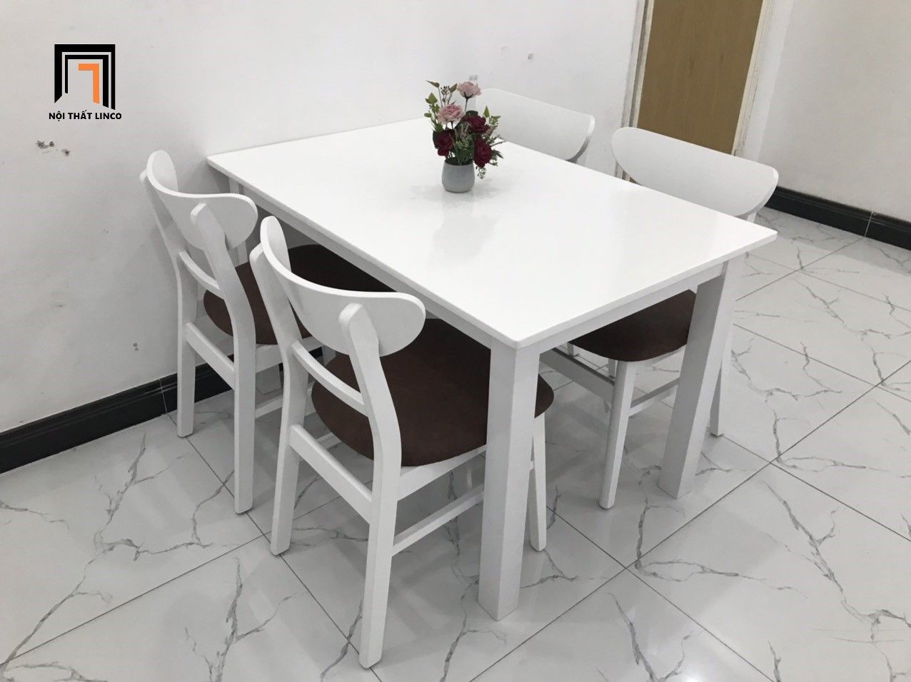Bộ bàn ăn 4 ghế ngồi màu trắng 10-KH4-G3-B108-trangsi xinh xắn
