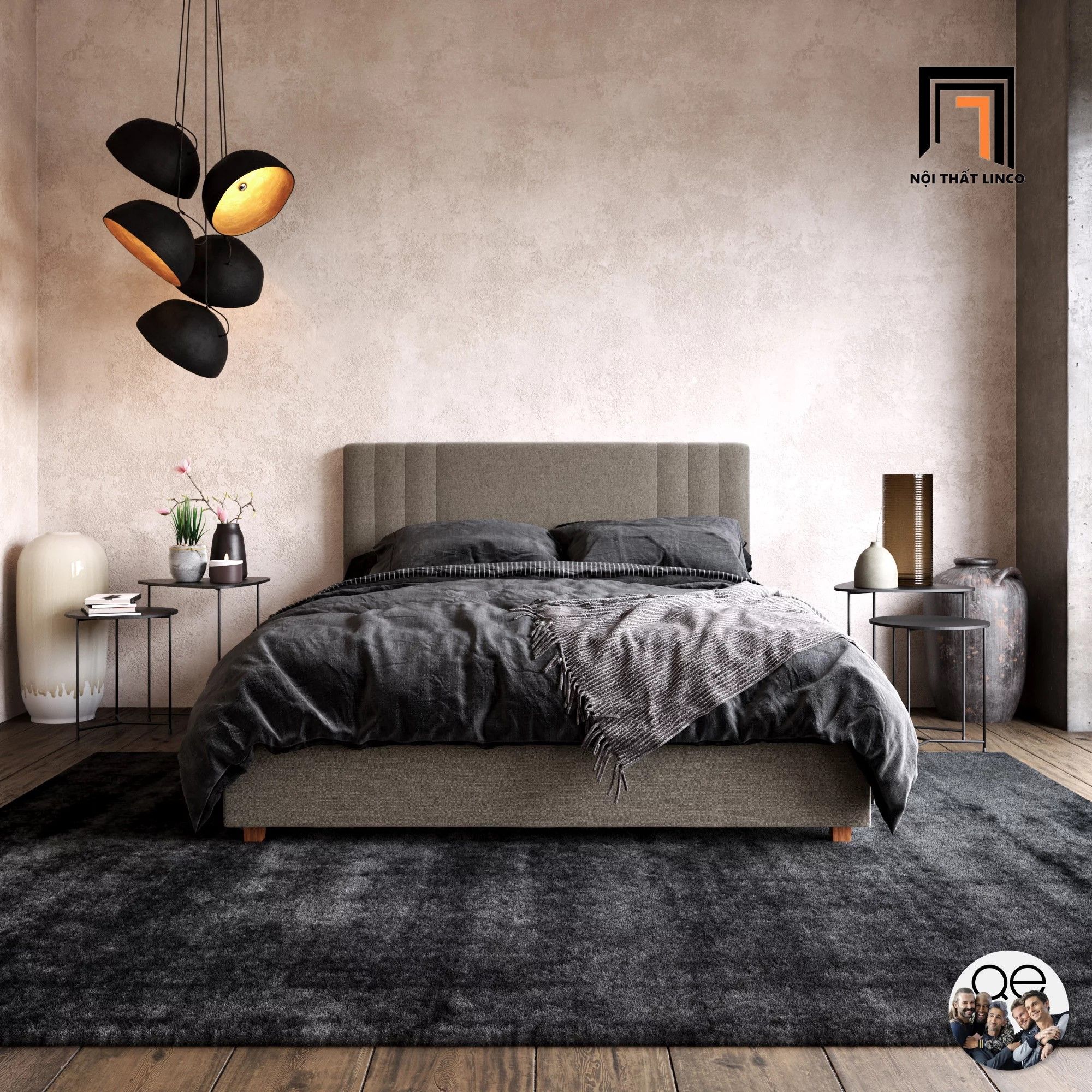 Giường ngủ đẹp cho căn hộ chung cư GN17 Queer vải nỉ xám