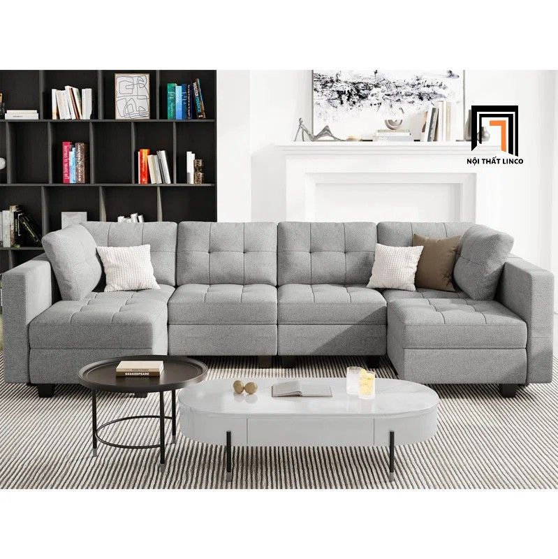 Bộ ghế sofa U vải nỉ xám trắng UT12 Teangela dài 3m gia đình