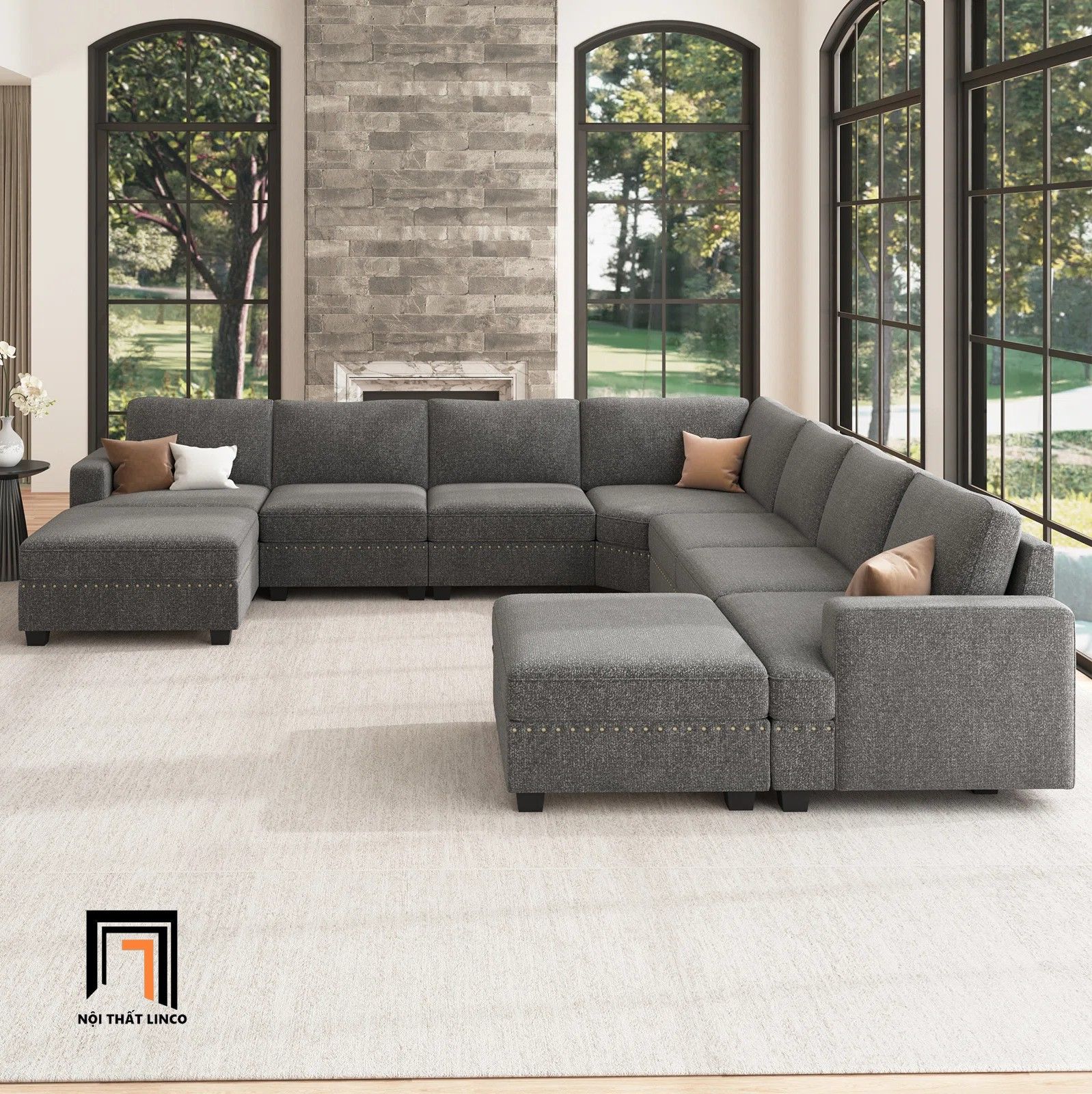 Set ghế sofa U vải nỉ màu xám UT13 Anureet cho phòng khách