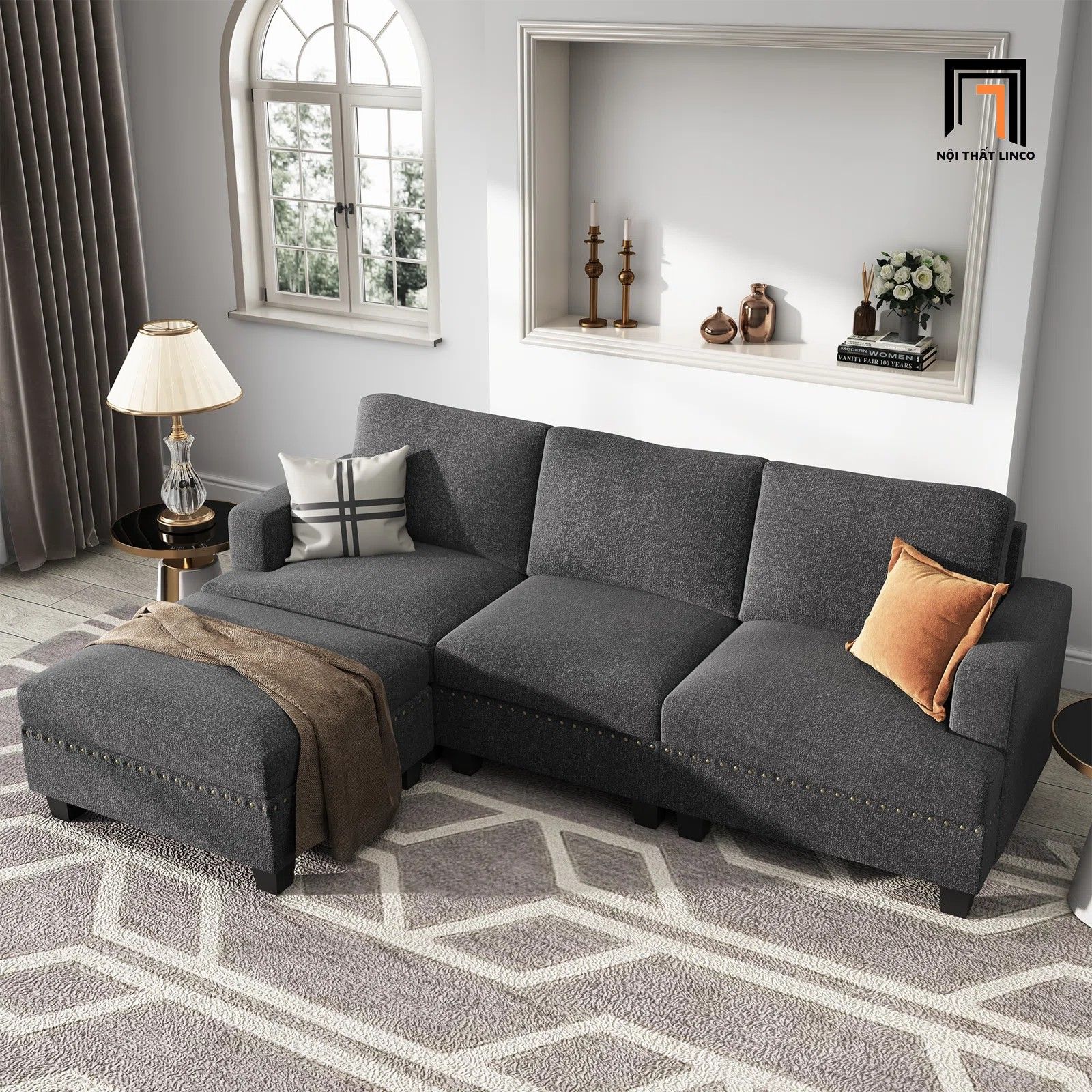 Bộ ghế sofa sang trọng BT186 Nolany 2m1 kèm đôn vuông 60cm