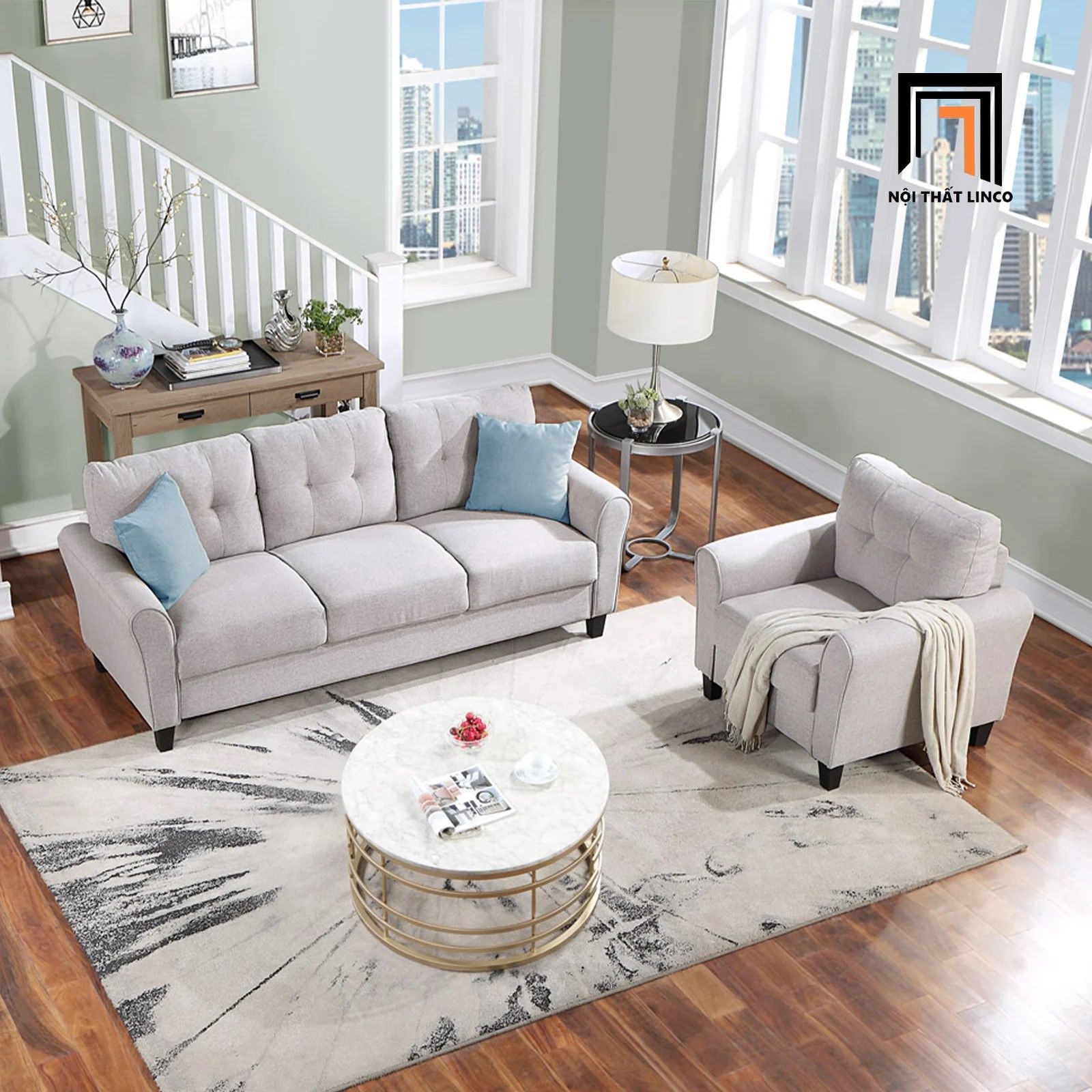 Bộ ghế sofa phòng khách gia đình KT127 Fredel xám trắng giá rẻ