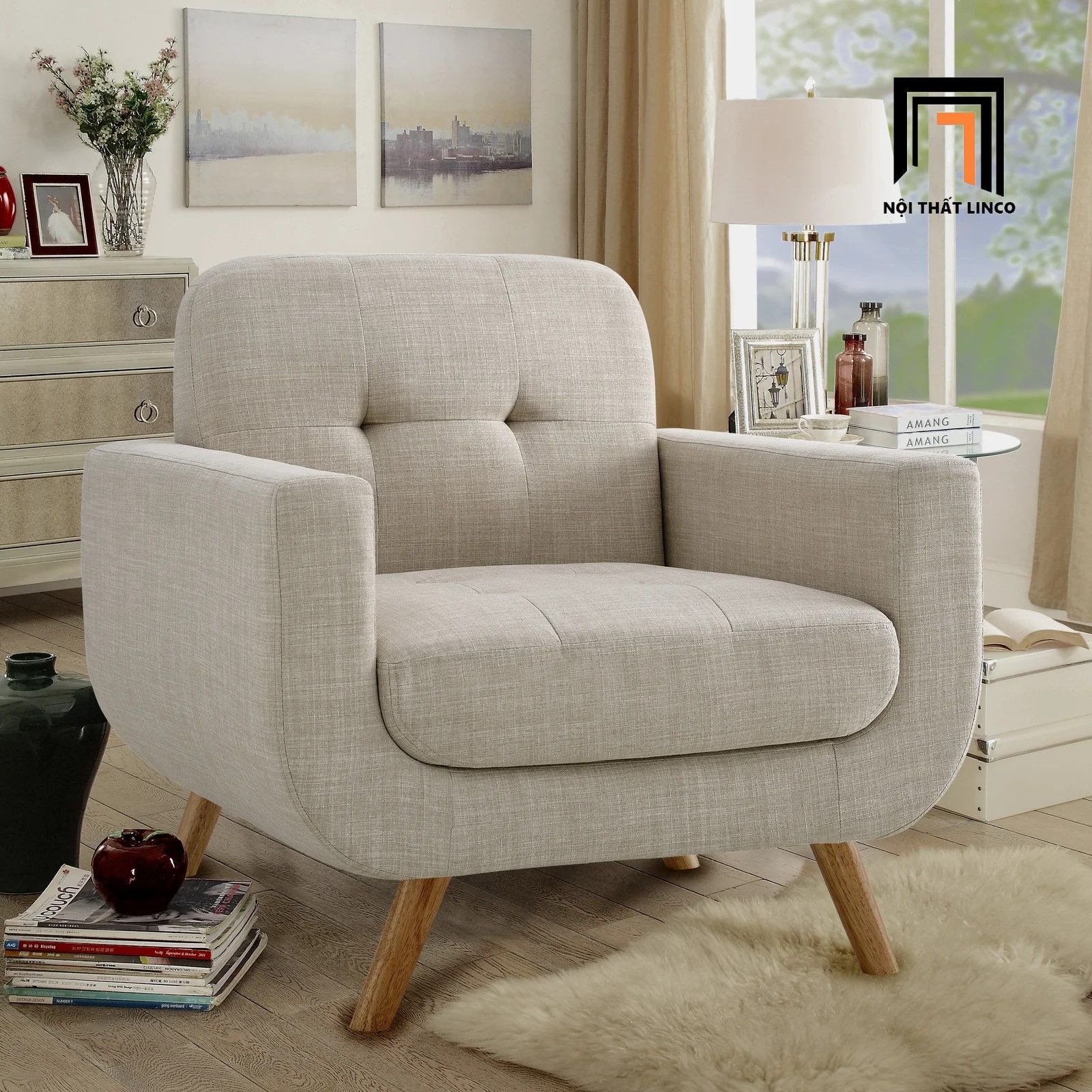 Ghế sofa đơn nhỏ gọn DT15 Julianna màu xám trắng vải bố