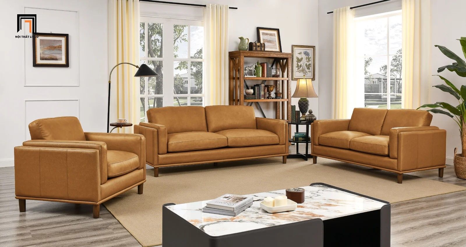 Ghế sofa đơn gia đình sang trọng DT59 Kassy da giả vàng nâu