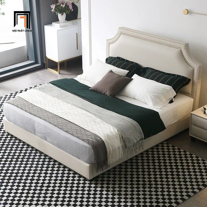 Giường ngủ bọc da Pu màu trắng GN73 Emmett đính nút cao cấp