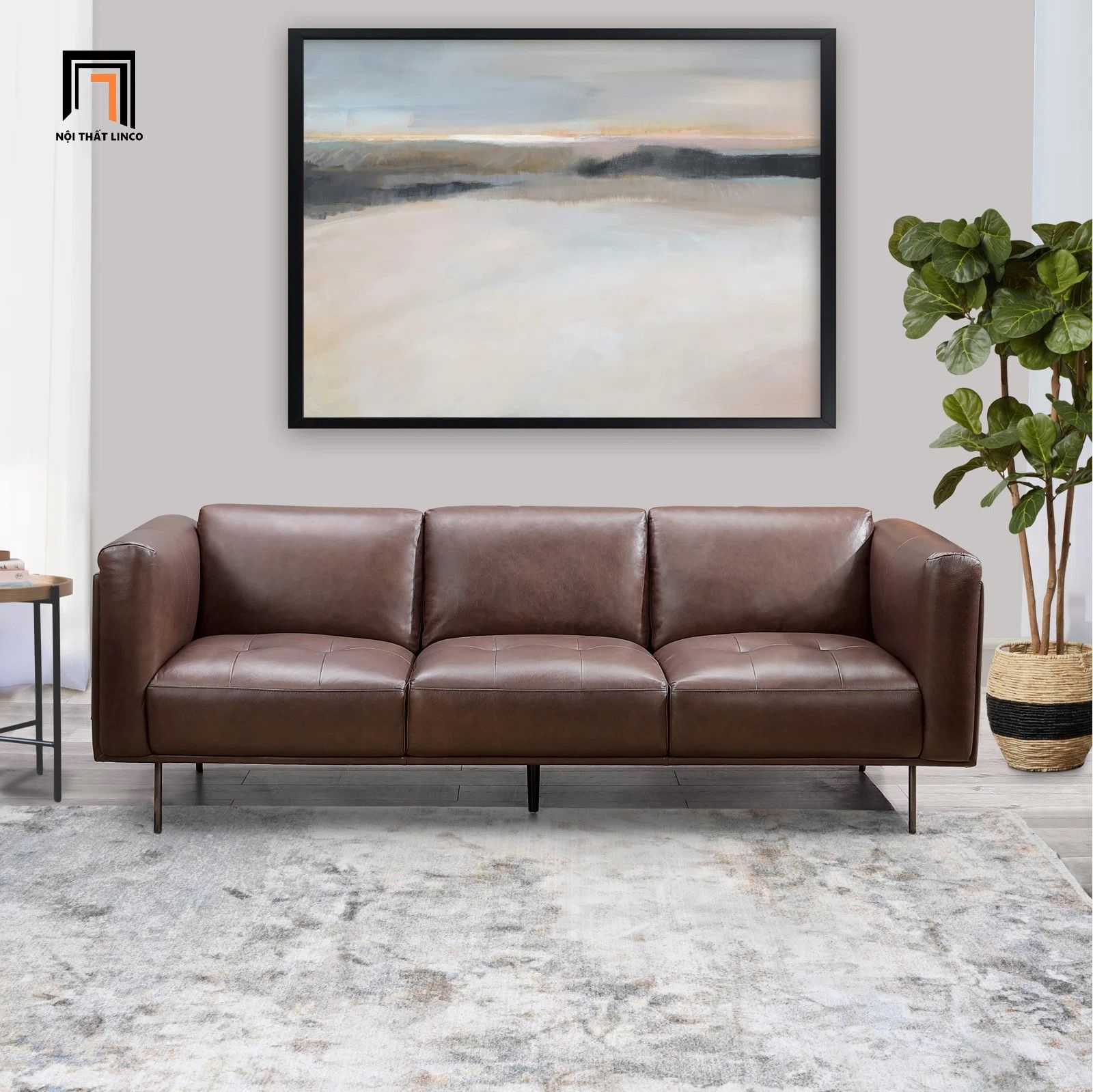 Set ghế sofa phòng khách da giả nâu KT130 Foxcon sang trọng
