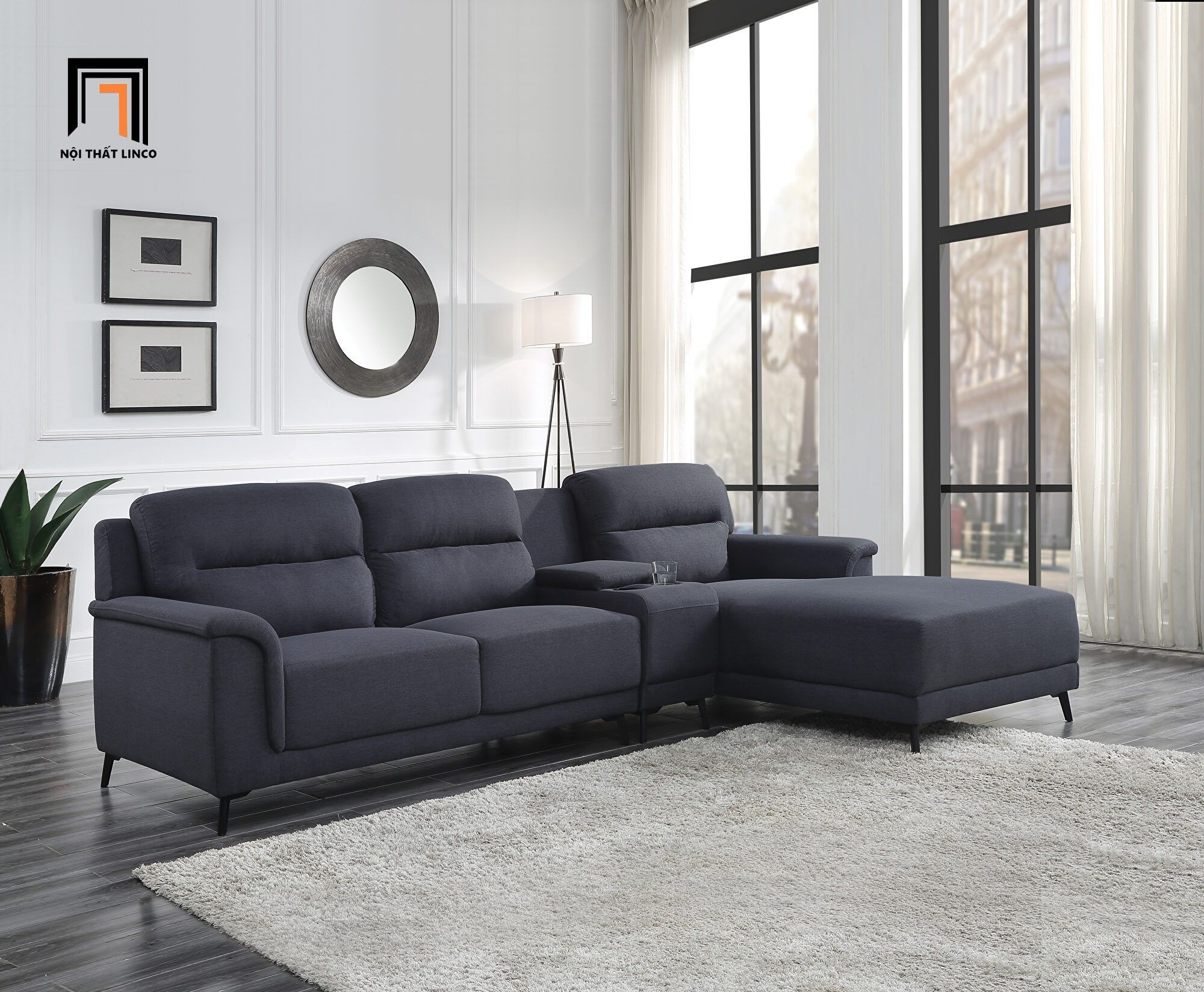 Bộ ghế sofa góc L GT75 Walcher 2m8 x 1m6 vải bố nỉ màu xanh than