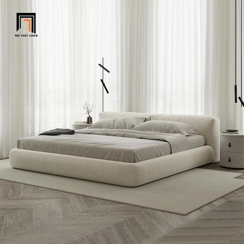 Giường ngủ bọc vải nỉ trắng kem giá rẻ GN48 Amos cho gia đình