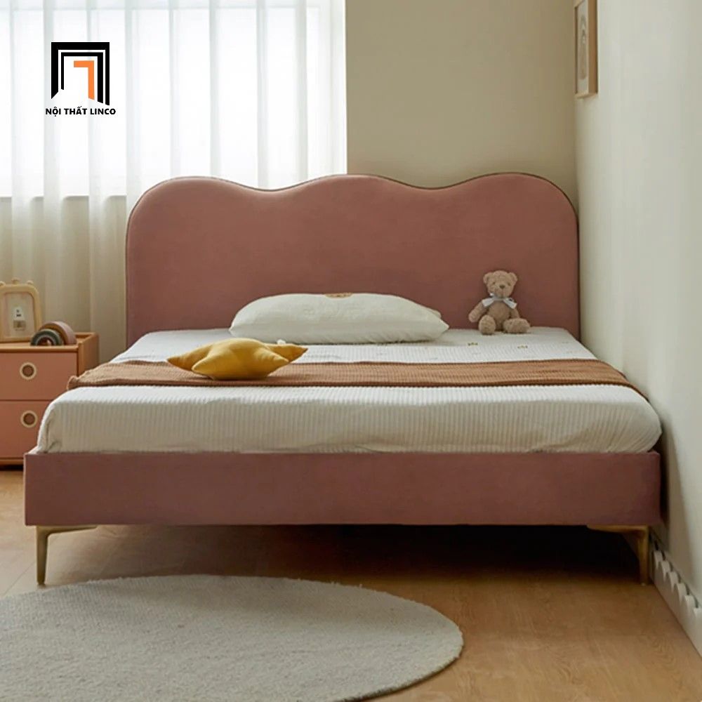 Giường ngủ màu hồng vải nỉ nhung GN37 Deva bọc nệm giá rẻ