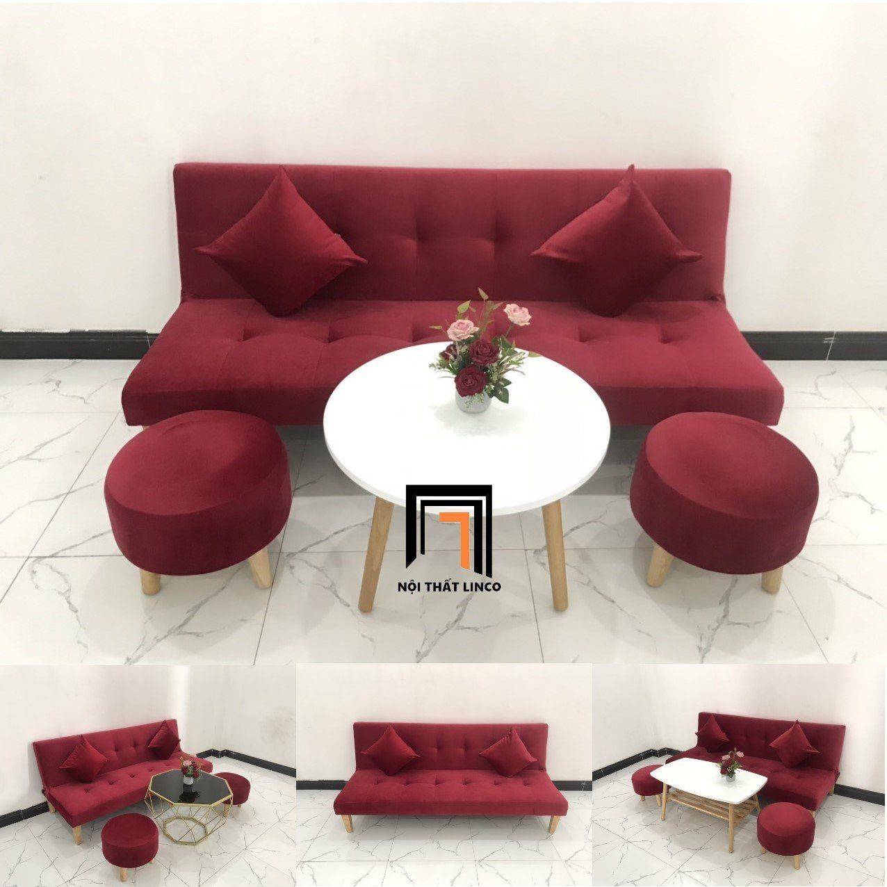 Bộ bàn ghế sofa giường đỏ đô vải nhung mềm dài 1m72