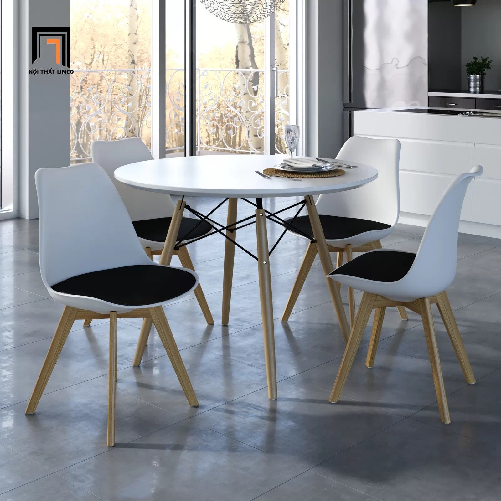 Bộ bàn ăn tròn gia đình nhỏ gọn 1-OC4-GCF11-B1 4 ghế nhựa