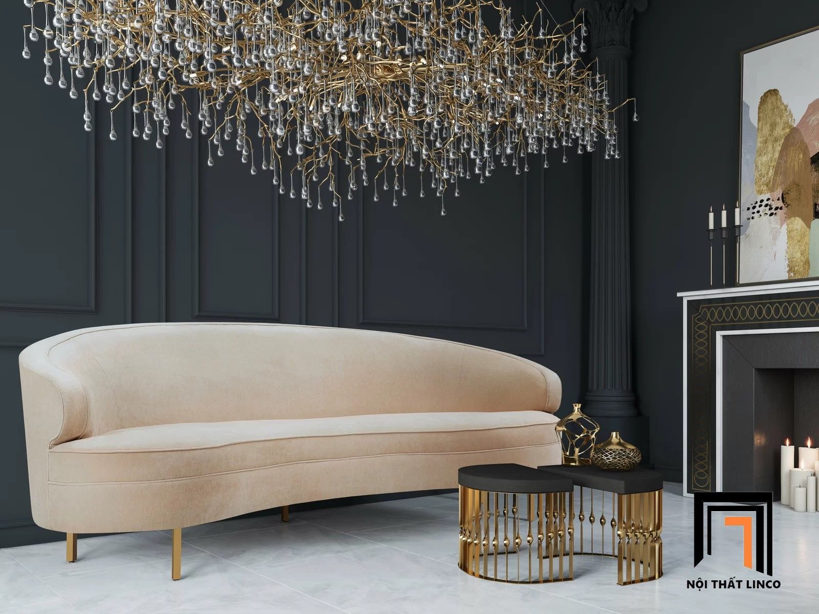 Ghế sofa băng cong BT23 Neville dài 2m2 vải bố nỉ kiểu dáng đẹp