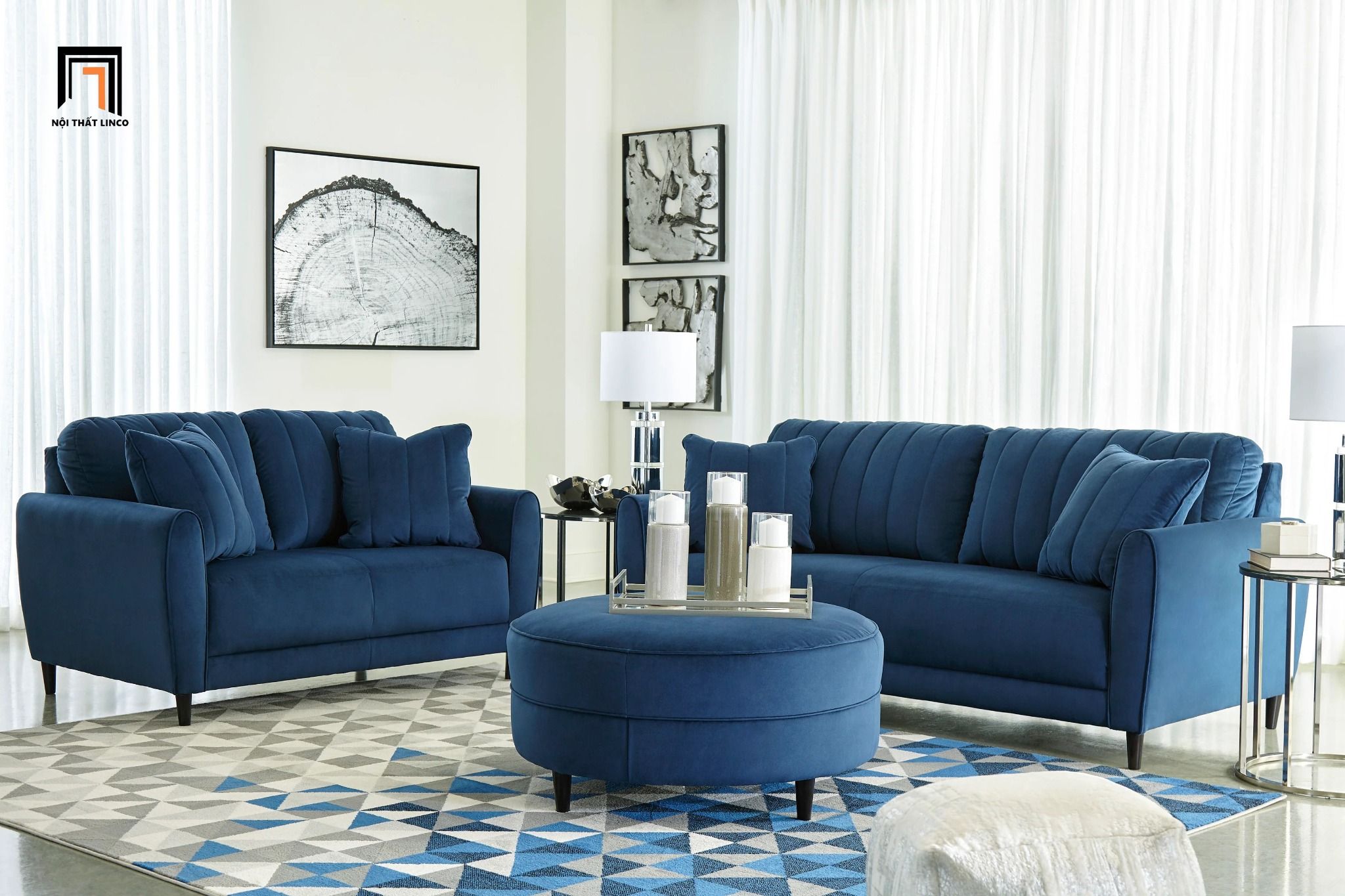 Bộ ghế sofa gia đình giá rẻ KT55 Enderline vải nhung xanh dương