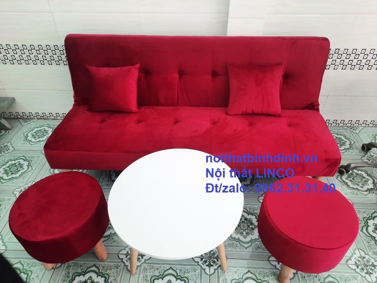 Bộ bàn ghế sofa giường đỏ đô vải nhung mềm dài 1m72