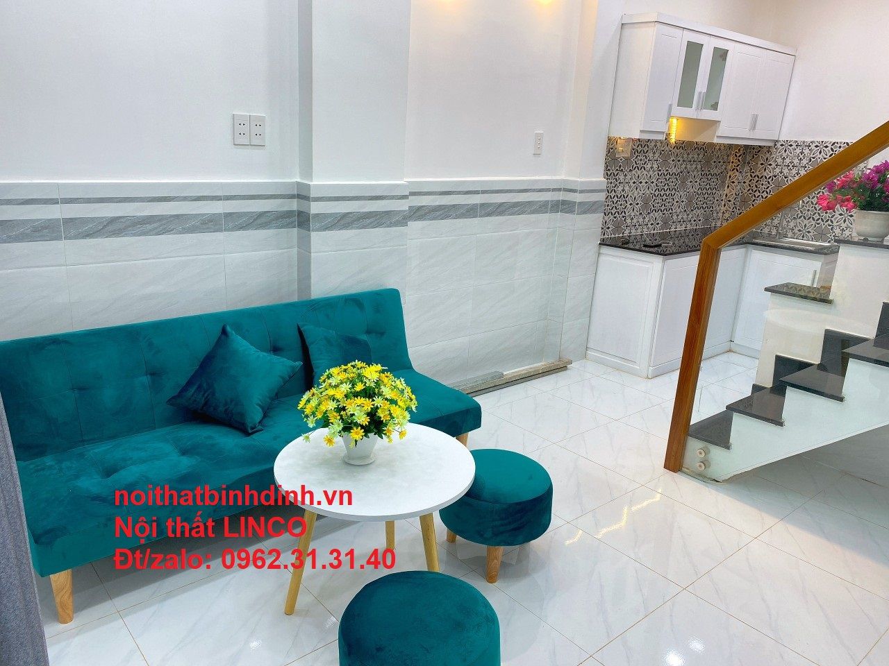 Bộ ghế sofa giường phòng khách xanh lá vải nhung dài 1m7