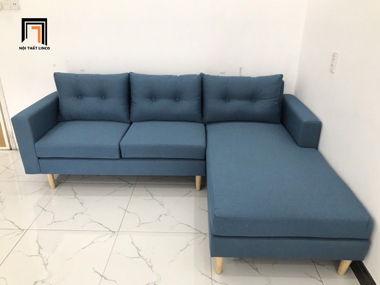 Bộ bàn ghế sofa góc 2m2 x 1m6 màu xanh dương nhỏ gọn