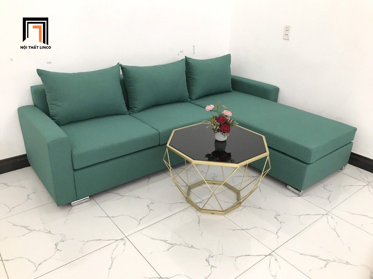 Bộ bàn ghế sofa góc chữ L 2m2 x 1m6 phòng khách màu xanh ngọc