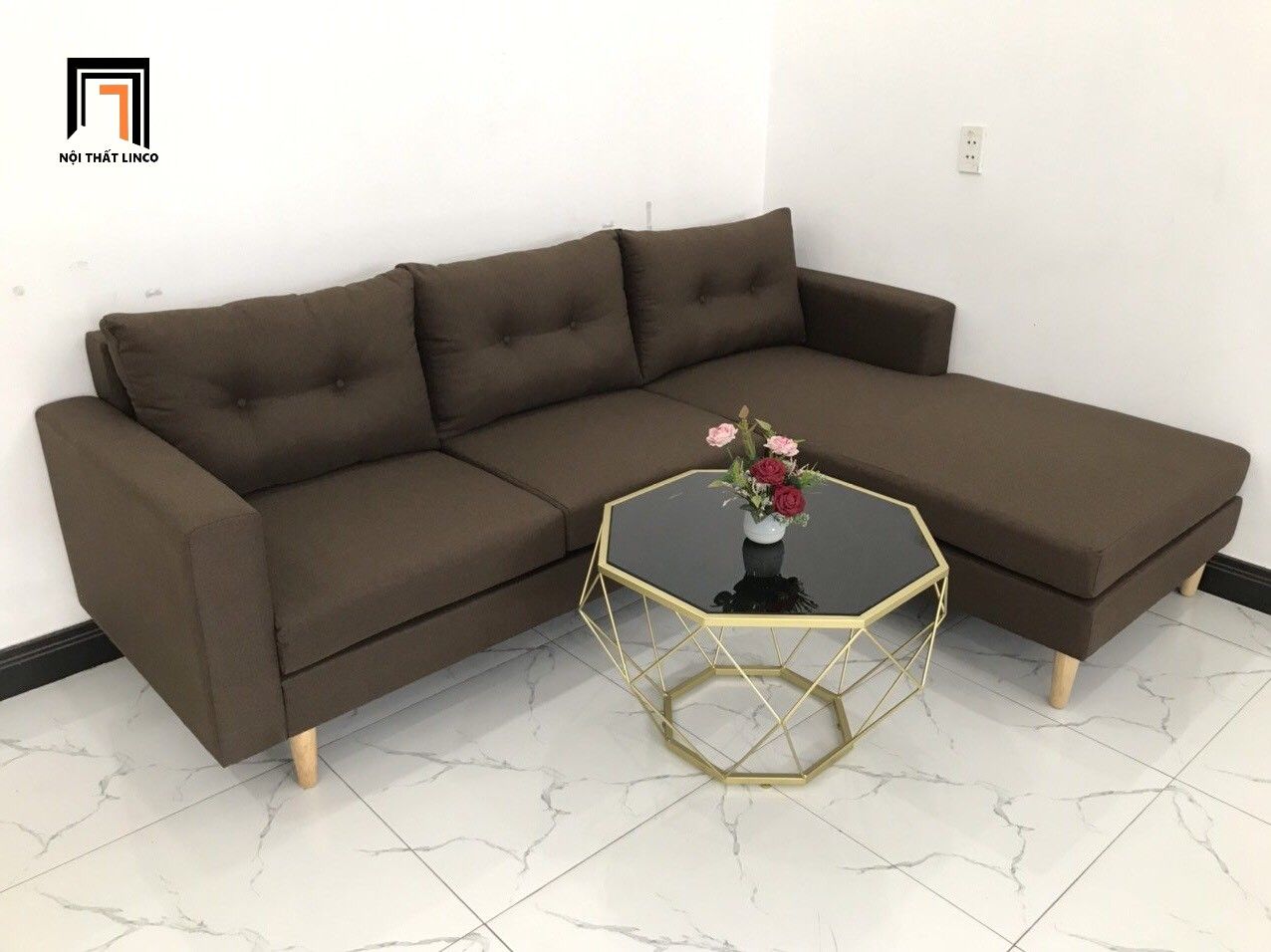 Bộ bàn ghế sofa góc 2m2 x 1m6 phòng khách gia đình nâu đậm