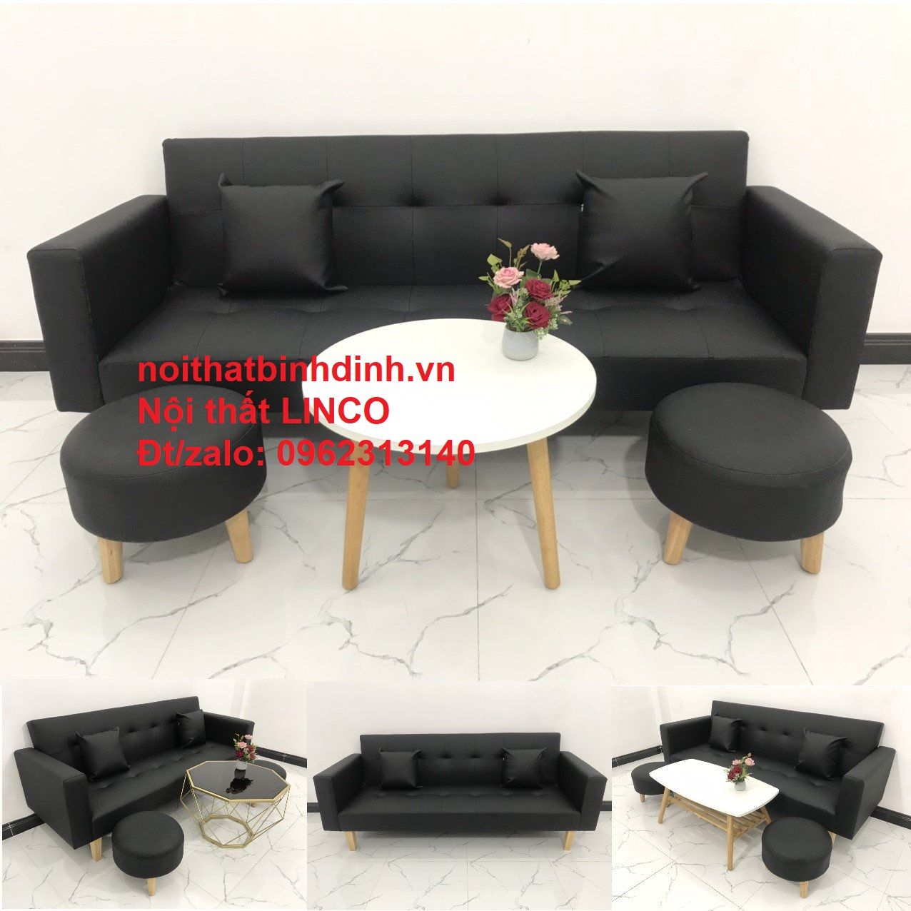 Bộ ghế sofa băng đa năng BTV 2m simili giả da màu đen